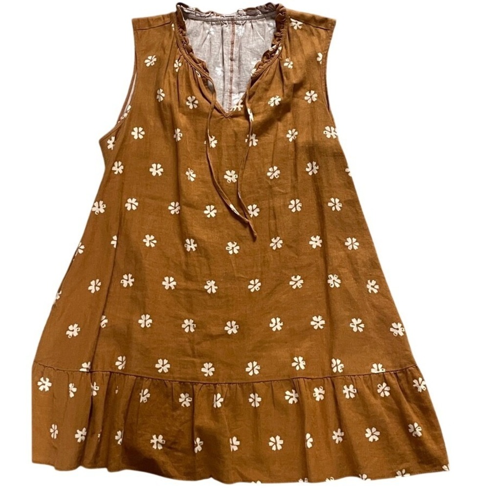 Floral Linen Blend Sleeveless Ruffle Mini Dress Tobacco Brown Women Small